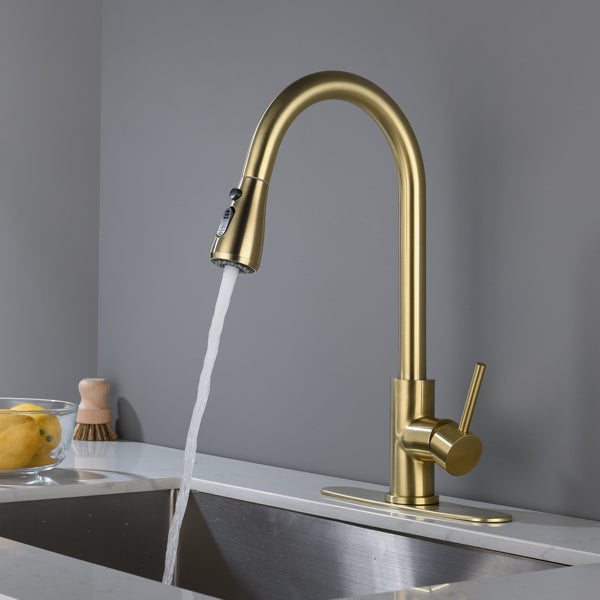Modern Brushed Gold Kitchen Faucet - 360�� Swivel Pull-Down Sprayer